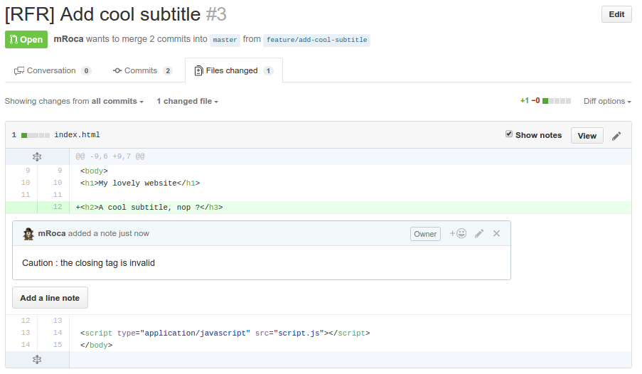 Github PR comment example