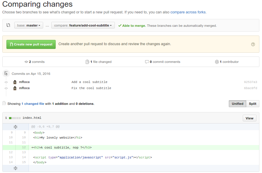 Github PR creation example
